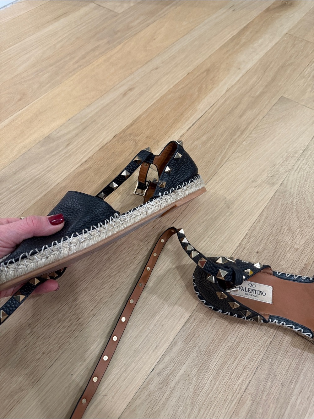 Valentino Black Leather Studded Espadrille Sandals with Natural Toe Cap - Picture 5 of 5